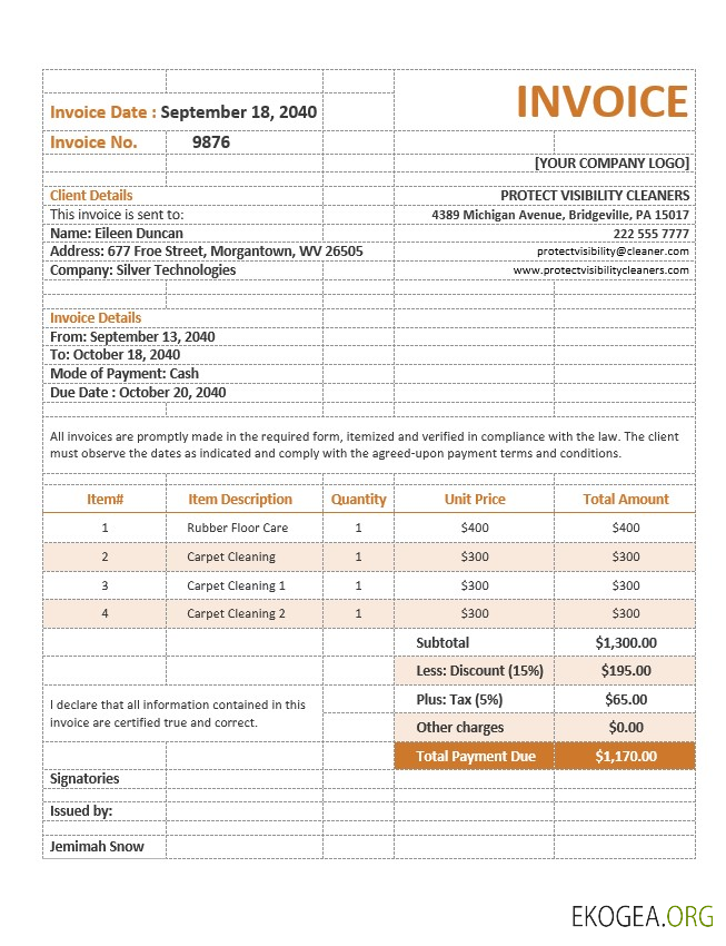 Modèle de formulaire de facture de service de nettoyage